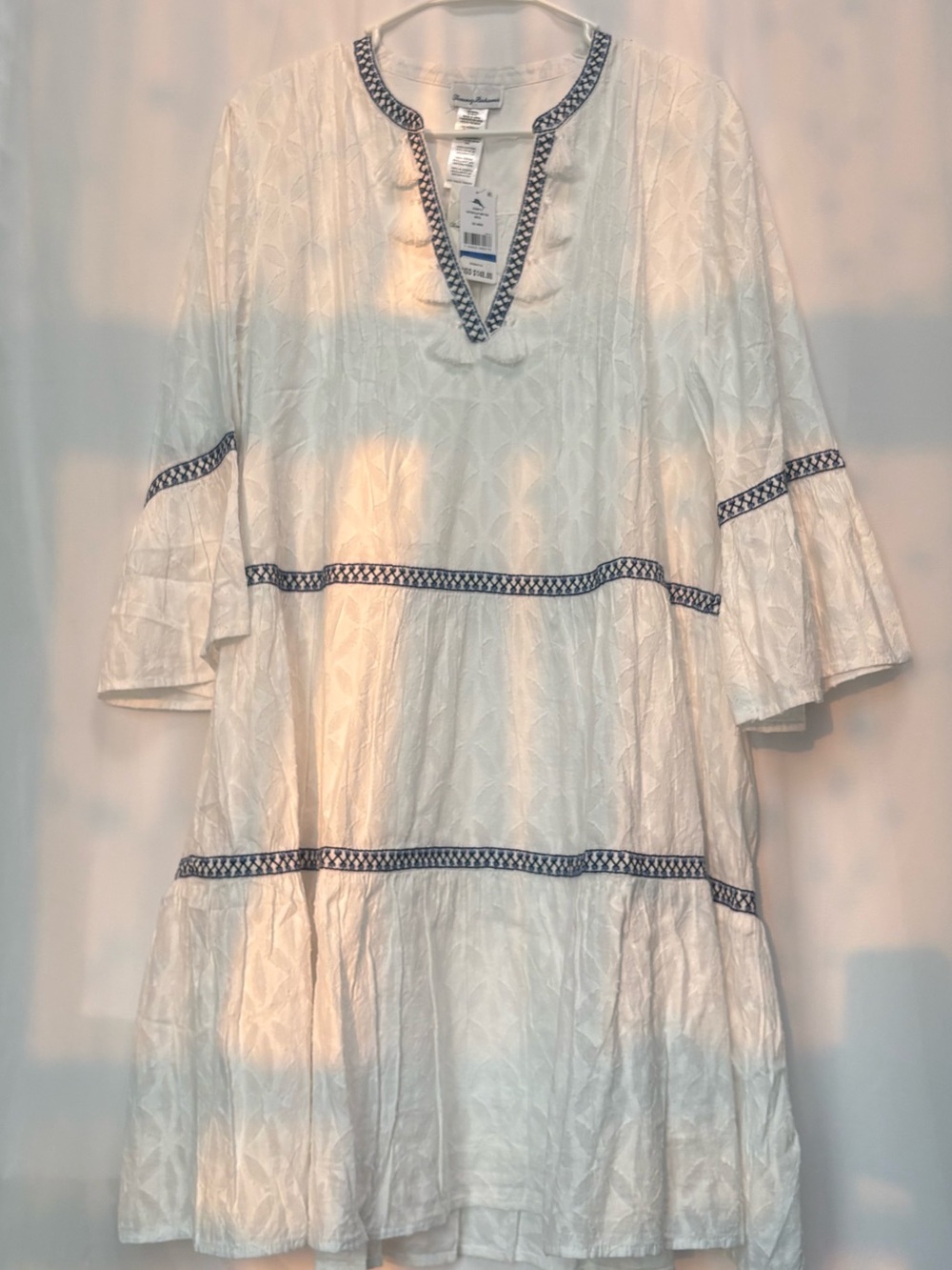 Tommy Bahama White Tiered Dress with Navy Trim
